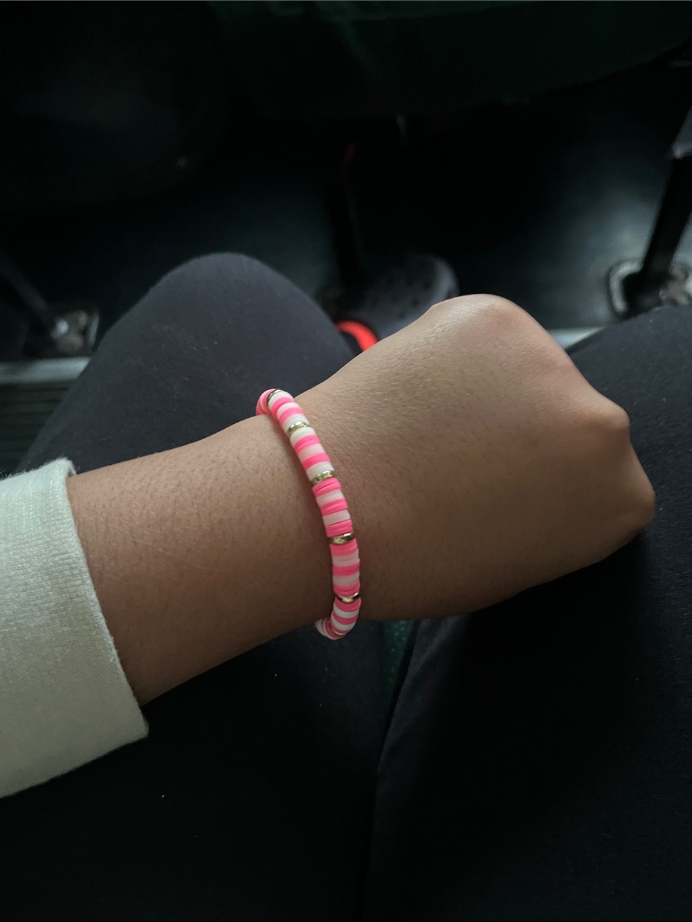 Kids Pink Striped Bead Stretch Bracelet with Gold Accents